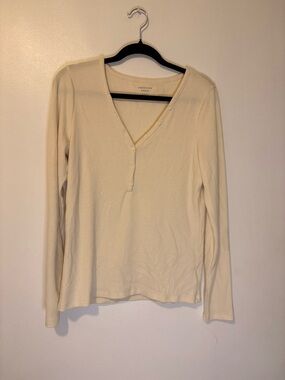 American Eagle Cream Ribbed Long Sleeve Henley Top Size XL Soft Stretch Basic